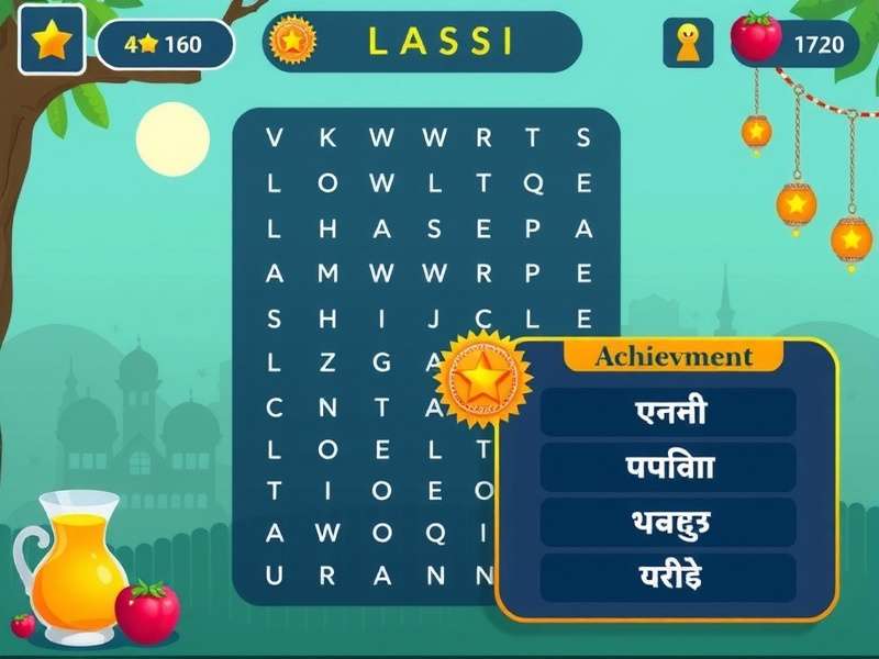 Lassi Word Search multi-language interface showing Hindi and English options